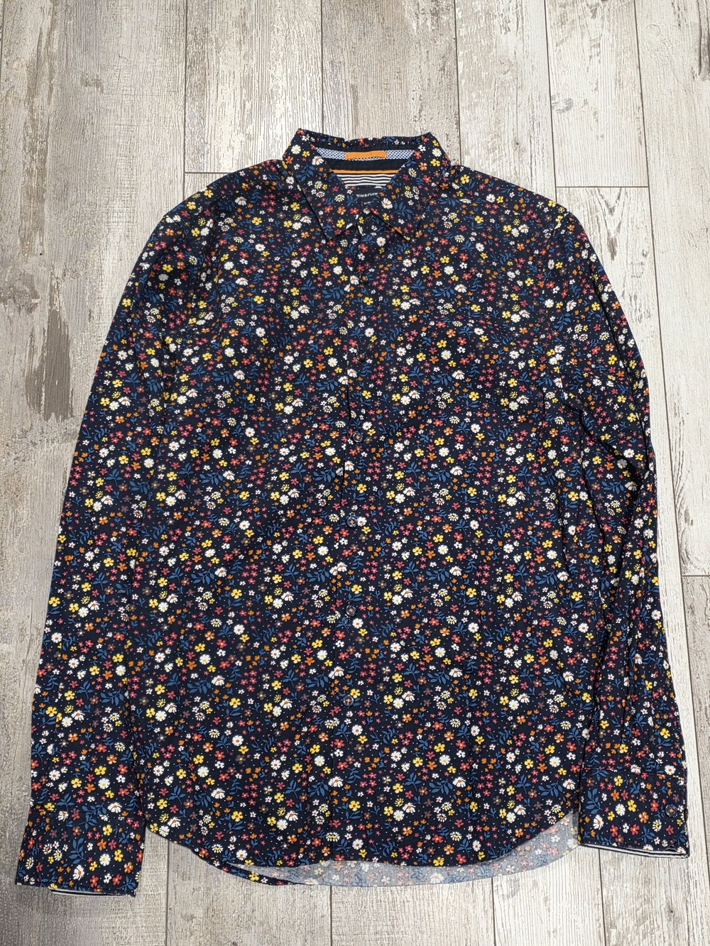 (S) Men's Denim & Flower Casual Button-Down Dress Shirt Ricky Singh Floral Small
